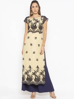 Beige embroidered net kurta &-sets 2