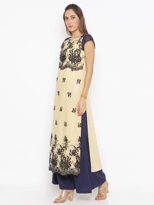 Beige embroidered net kurta &-sets 3
