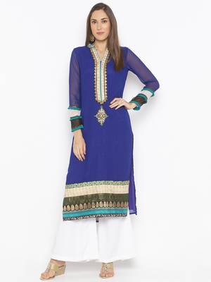 Dark-blue embroidered georgette kurta &-sets 1