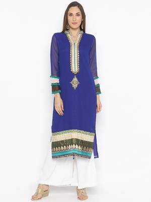 Dark-blue embroidered georgette kurta &-sets 2