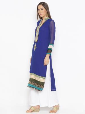 Dark-blue embroidered georgette kurta &-sets 3
