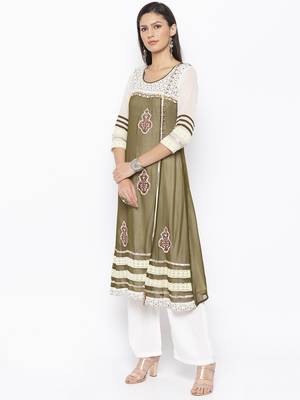 Green embroidered georgette kurta &-sets 3