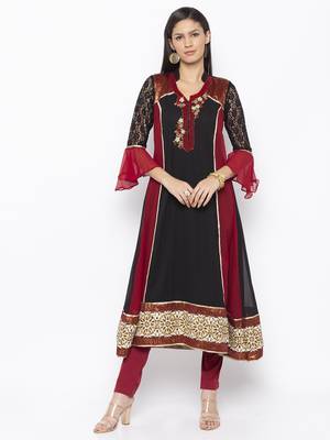 Black embroidered georgette kurta &-sets 1