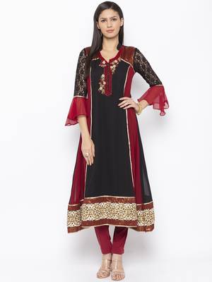 Black embroidered georgette kurta &-sets 2