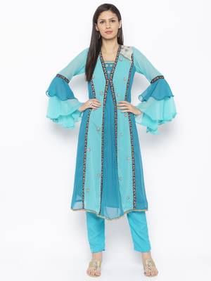 Blue embroidered georgette kurta &-sets 1