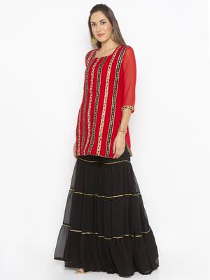 Red embroidered georgette kurta &-sets 3