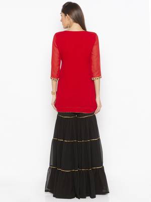 Red embroidered georgette kurta &-sets 4