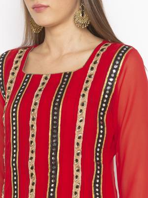 Red embroidered georgette kurta &-sets 5
