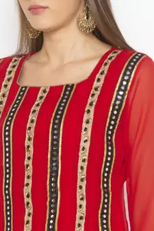 Red embroidered georgette kurta &-sets