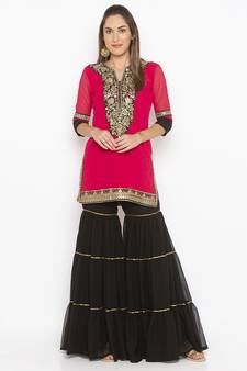 Pink embroidered georgette kurta &-sets