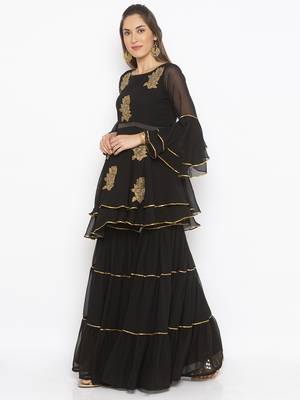 Black embroidered georgette kurta &-sets 3