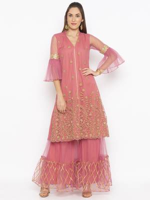 Pink embroidered net kurta &-sets 1
