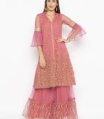 Pink embroidered net kurta &-sets