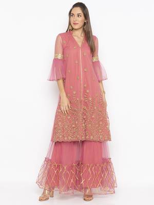 Pink embroidered net kurta &-sets 2
