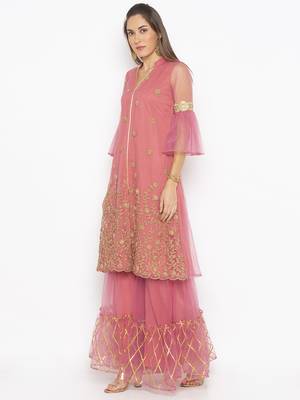 Pink embroidered net kurta &-sets 3