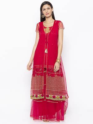 Maroon embroidered net kurta &-sets 2