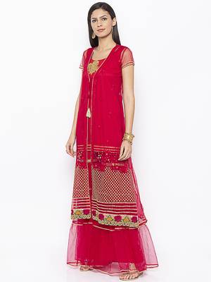 Maroon embroidered net kurta &-sets 3