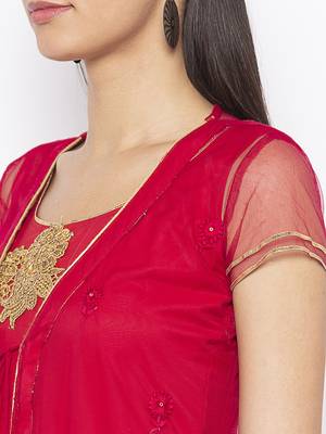 Maroon embroidered net kurta &-sets 5