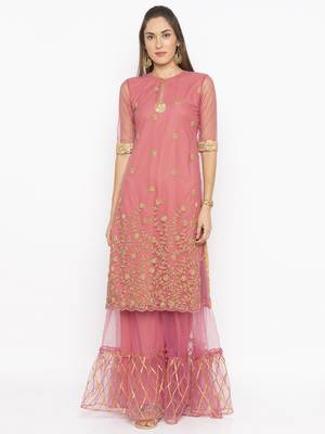 Pink embroidered net kurta &-sets 2