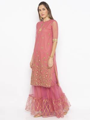 Pink embroidered net kurta &-sets 3