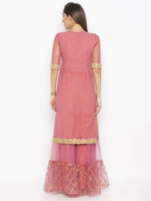 Pink embroidered net kurta &-sets 4