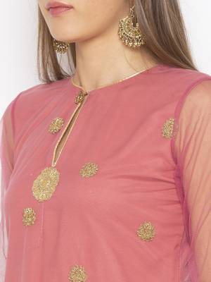 Pink embroidered net kurta &-sets 5