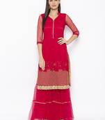 Maroon embroidered net kurta &-sets