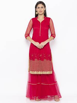 Maroon embroidered net kurta &-sets 2