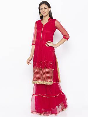 Maroon embroidered net kurta &-sets 3