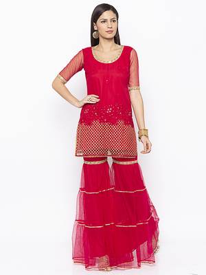 Maroon embroidered net kurta &-sets 2