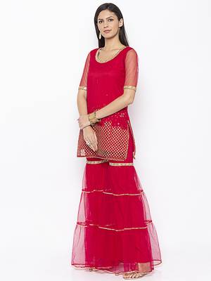Maroon embroidered net kurta &-sets 3
