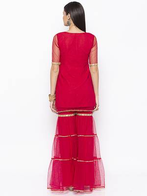 Maroon embroidered net kurta &-sets 4