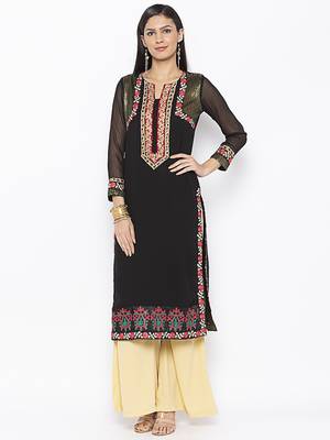 Black embroidered georgette kurta &-sets 2