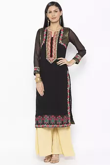 Black embroidered georgette kurta &-sets