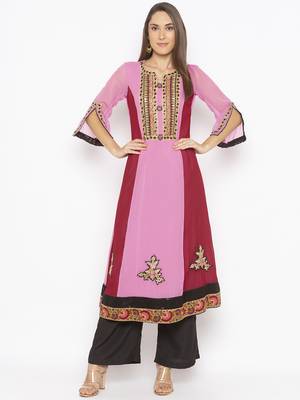 Light-pink embroidered georgette kurta &-sets 1