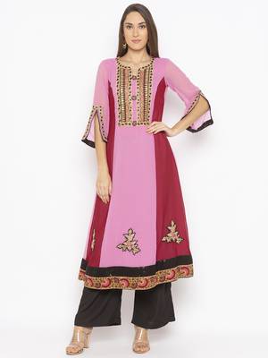 Light-pink embroidered georgette kurta &-sets 2
