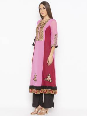 Light-pink embroidered georgette kurta &-sets 3