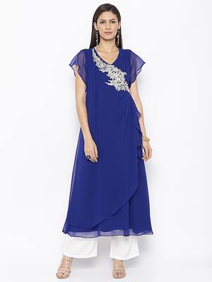 Blue embroidered georgette kurta &-sets 2