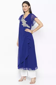 Blue embroidered georgette kurta &-sets