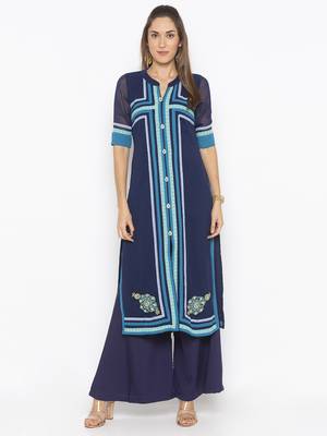 Blue embroidered georgette kurta &-sets 1