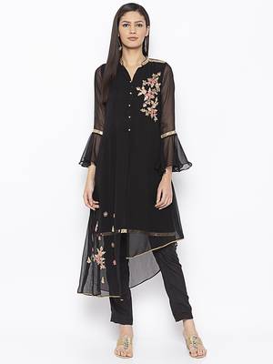 Black embroidered georgette kurta &-sets 1