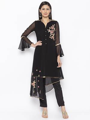 Black embroidered georgette kurta &-sets 2