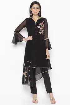 Black embroidered georgette kurta &-sets