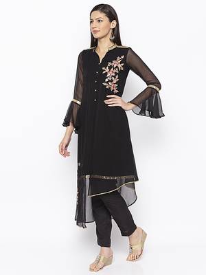Black embroidered georgette kurta &-sets 3
