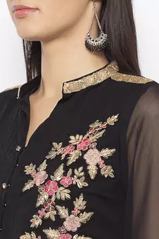 Black embroidered georgette kurta &-sets
