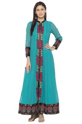 Green embroidered georgette kurta &-sets 1