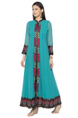 Green embroidered georgette kurta &-sets 3