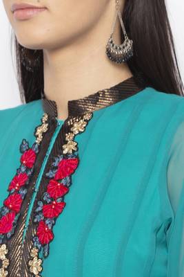 Green embroidered georgette kurta &-sets 5