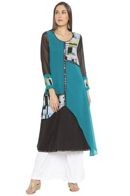 Green printed georgette kurta &-sets 1