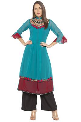 Green embroidered georgette kurta &-sets 1